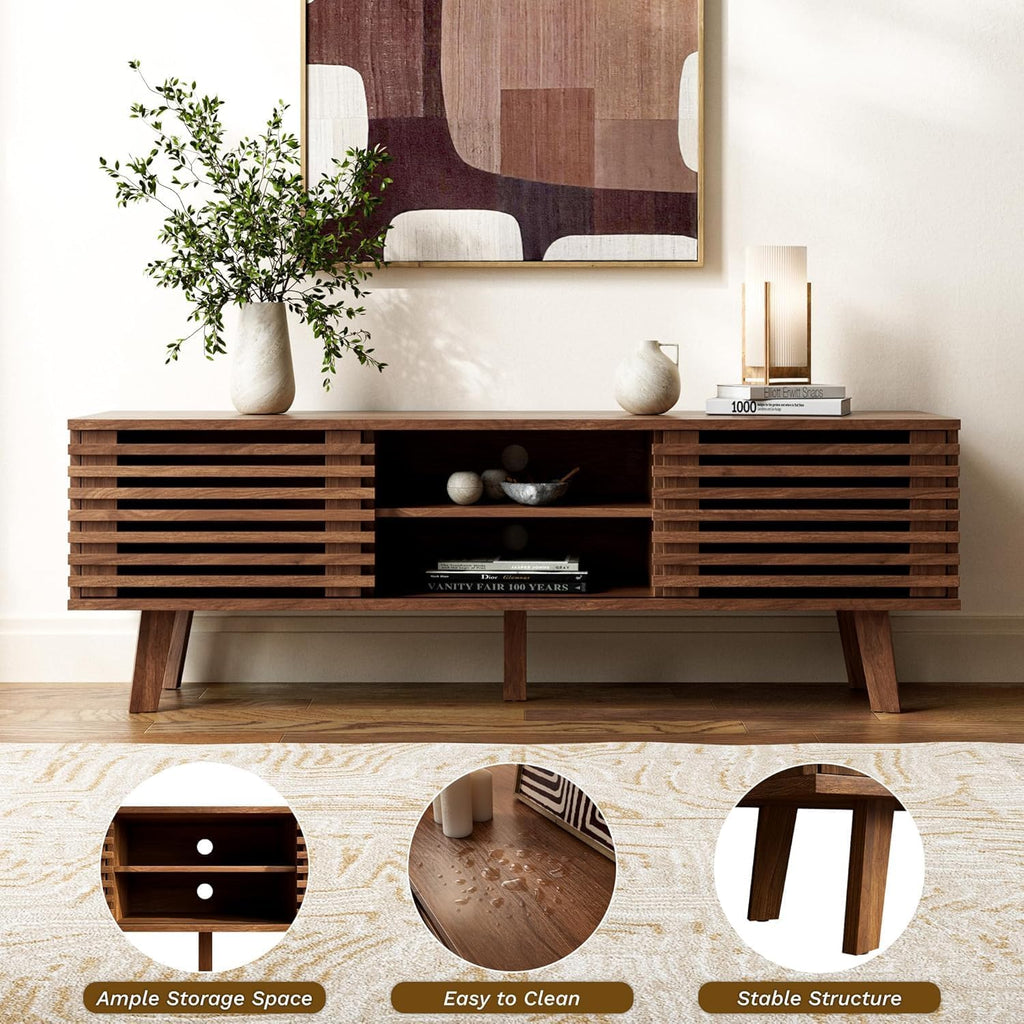 Furniway Mid Century Living Room Table Set of 4, Coffee Table, TV Stand and 2 End Tables with Sliding Door Storage, Walnut