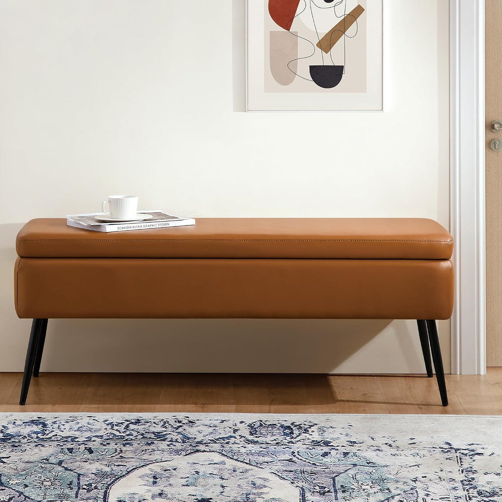 kinmars Leather Storage Ottoman Bench, End of Bed Bench with Steel Legs | Brown Leather Smooth Upholstery Design | 660 lb Capacity | Safety Hinges |Mid-Century Modern Style | Bedroom & Entryway
