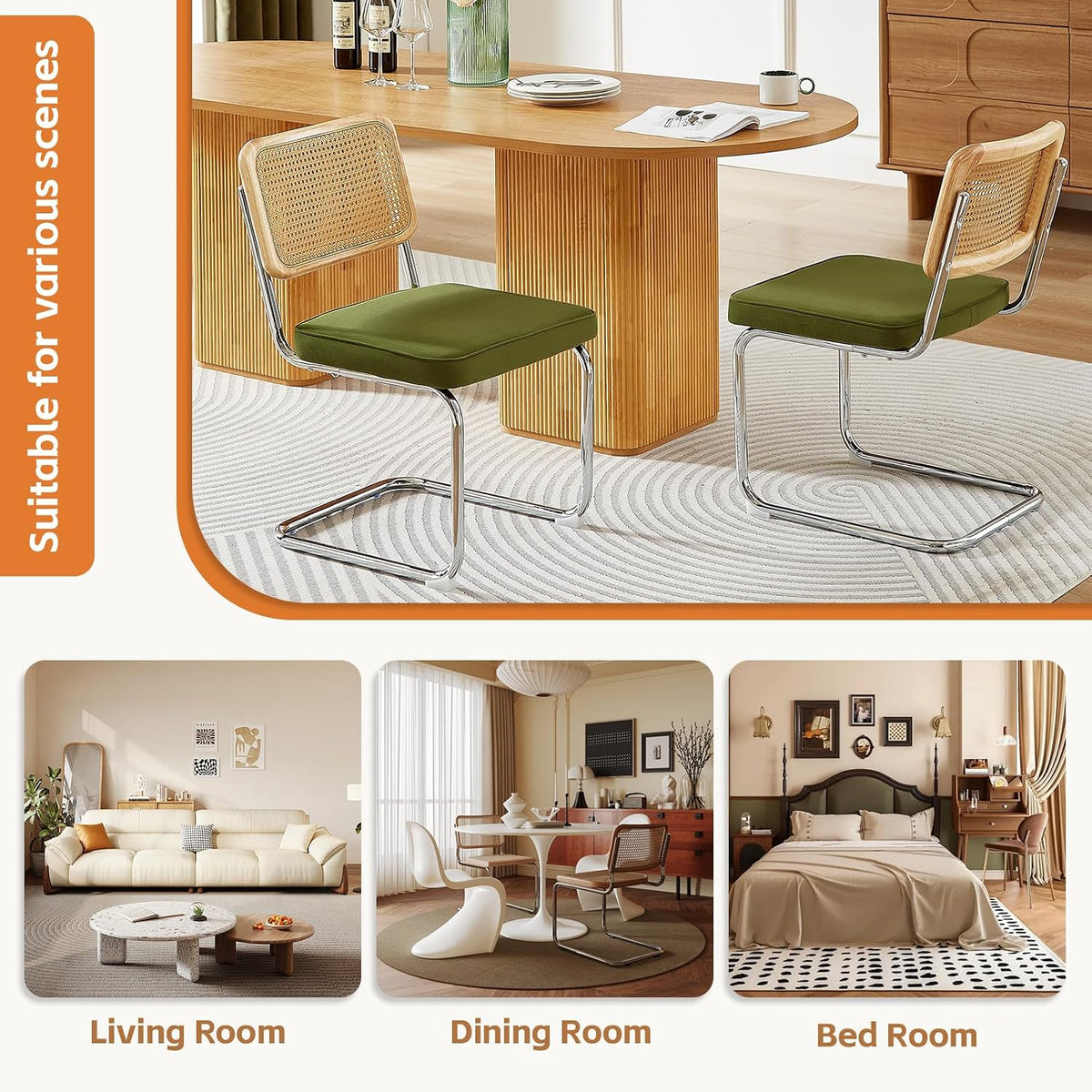 Rattan Back Velvet Dining Chair Set of 6 Modern Stainless Chrome Base Armless Upholstered Side Chair for Dining Room, Kitchen Island, Olive Green
