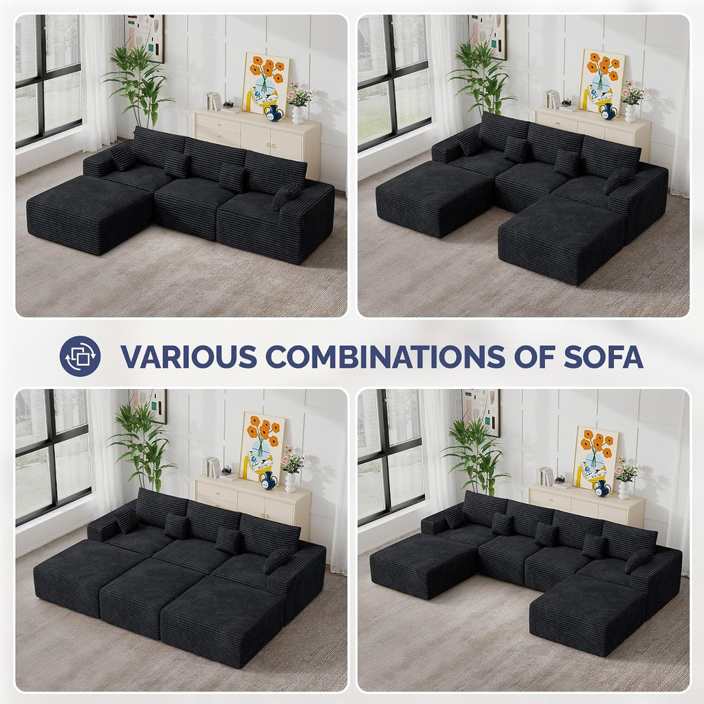 113" L-Shaped Couch, Modern Modular Sectional Sofa with Deep Seat, Convertible Corduroy Cloud Couches for Living Room,Black,1 PCS