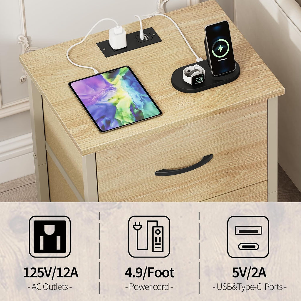 Vagusicc Nightstand Set of 2 with Charging Station, End Table Bedside Table with Power Outlet & USB Ports, Side Table with 2 Fabric Drawers for Bedroom, Living Room, Natural