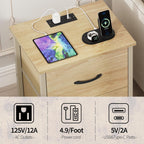 Vagusicc Nightstand Set of 2 with Charging Station, End Table Bedside Table with Power Outlet & USB Ports, Side Table with 2 Fabric Drawers for Bedroom, Living Room, Natural