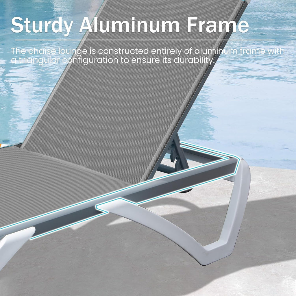 Domi Outdoor Lounge Chairs Set of 4, Aluminum Chaise Lounge Chairs for Outside with 5 Position Adjustable Backrest, Stackable Patio Lounge Chair with Wheels for Beach, Yard, Balcony, Poolside, Grey