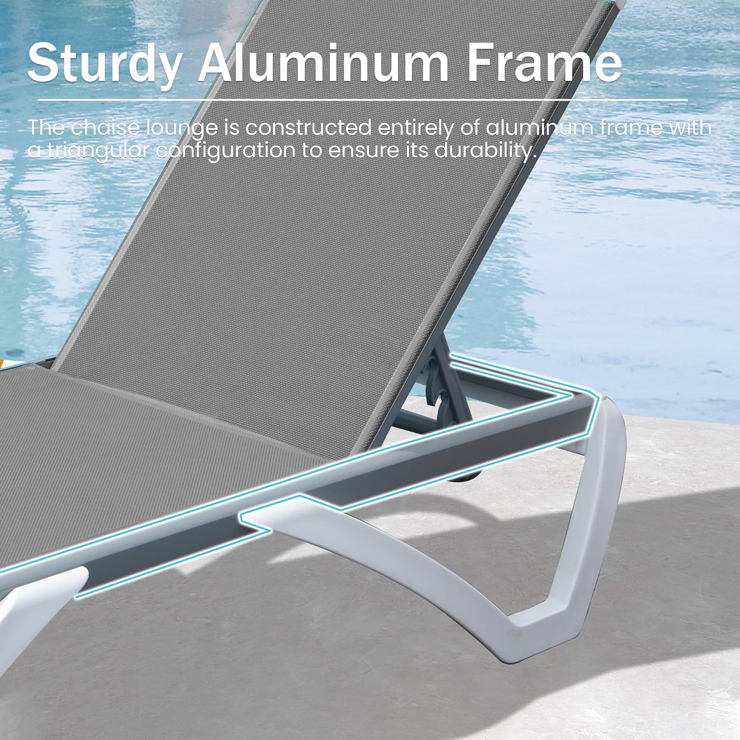 Domi Outdoor Lounge Chairs Set of 4, Aluminum Chaise Lounge Chairs for Outside with 5 Position Adjustable Backrest, Stackable Patio Lounge Chair with Wheels for Beach, Yard, Balcony, Poolside, Grey