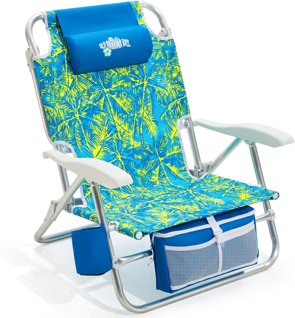 Old Bahama Bay Beach Chairs for Adults, 7-Position Classic Lay Flat Beach Chair Reclining Beach Chair, Portable Aluminum Backpack Beach Chair with Towel Bar & Cooler Bag