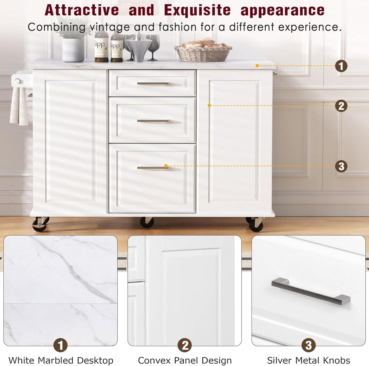 50.7" Kitchen Island with Drop Leaf Storage for Trash Can White