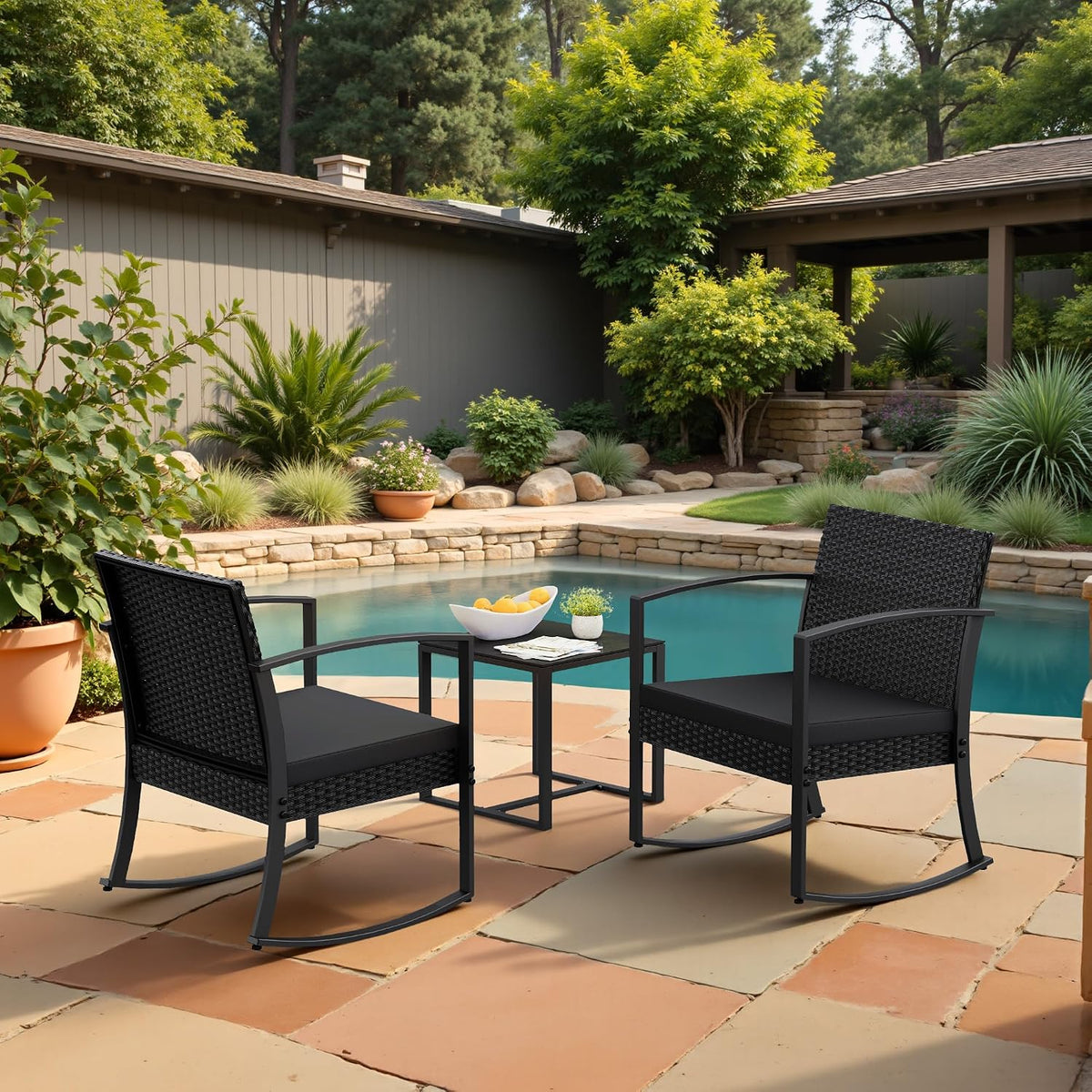 Homall Patio Furniture Set 3 Piece Resin Outdoor Bistro Set Rocking Patio Chairs with Cushions and Table for Porch, Poolside, Balcony and Yard (Black) | Patio Furniture Set 3 Piece Rocking Patio Chairs with Cushions and Table for Porch, Poolside, Balcony