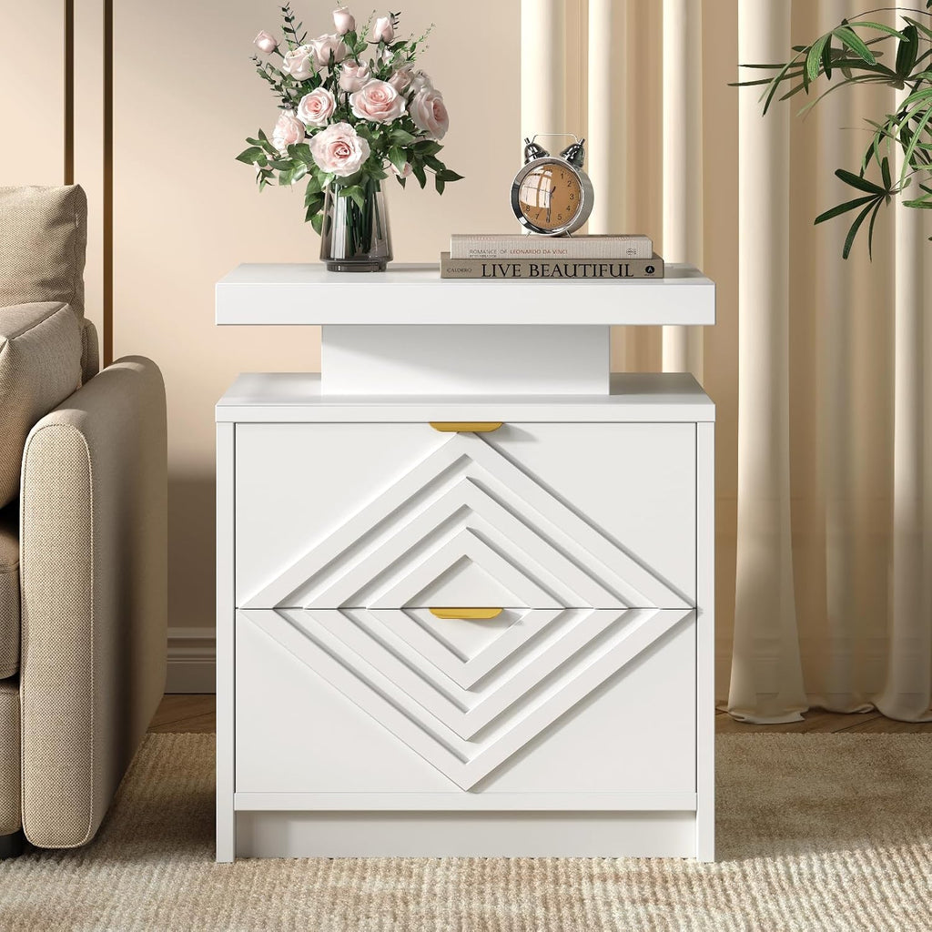 White Nightstand with Charging Station and LED Lights, Smart Night Stand, Modern Bedside Table with Drawers, RGB Lights, Power Outlets, USB and Type-C Ports, End Side Table for Bedroom Office (2)