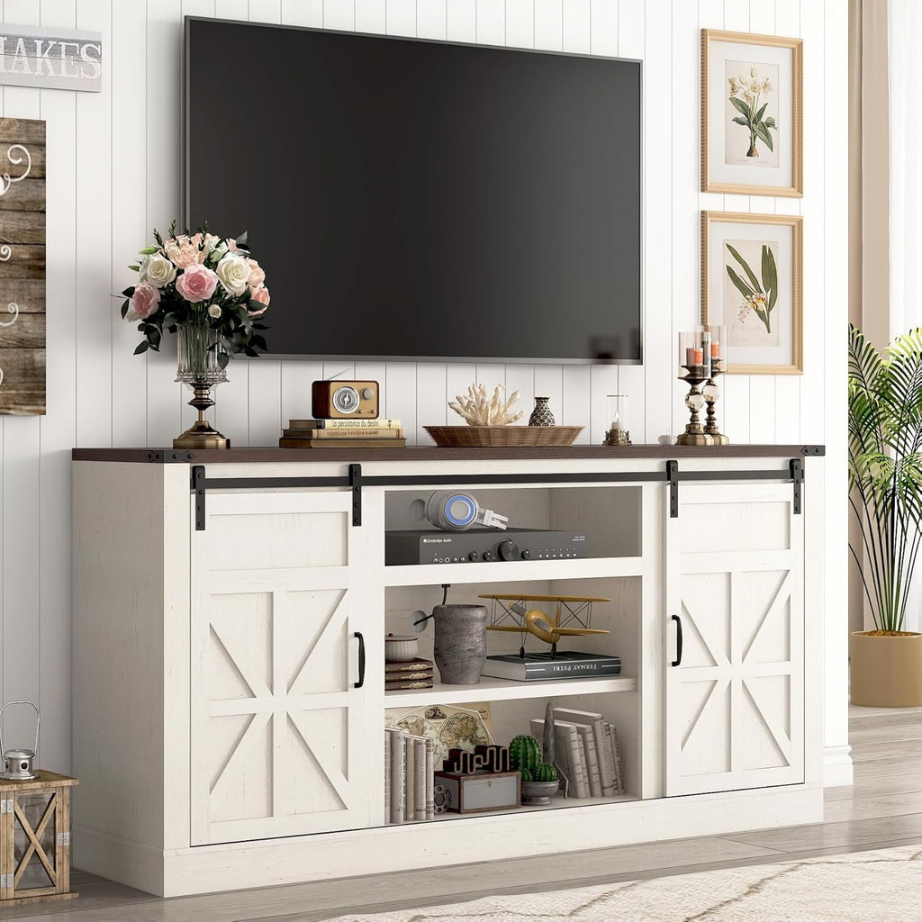 Hlivelood 66" Farmhouse TV Stand for 75 Inch TV, 33" Tall Entertainment Center with Power Outlets & Sliding Barn Door, Wood TV Stand with Storage, TV Media Console for Living Room, Antique White