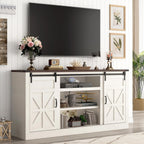 Hlivelood 66" Farmhouse TV Stand for 75 Inch TV, 33" Tall Entertainment Center with Power Outlets & Sliding Barn Door, Wood TV Stand with Storage, TV Media Console for Living Room, Antique White