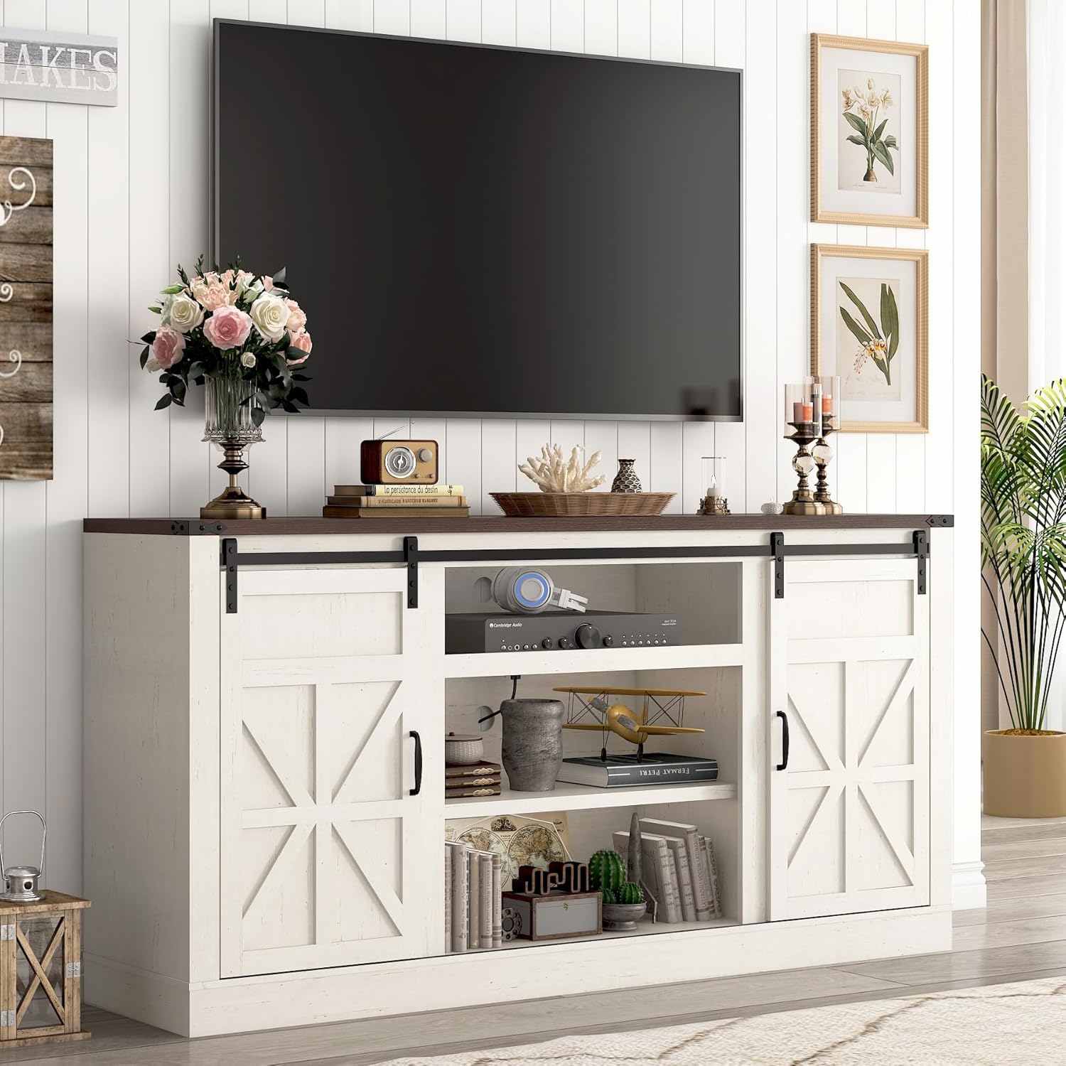 Hlivelood 66" Farmhouse TV Stand for 75 Inch TV, 33" Tall Entertainment Center with Power Outlets & Sliding Barn Door, Wood TV Stand with Storage, TV Media Console for Living Room, Antique White