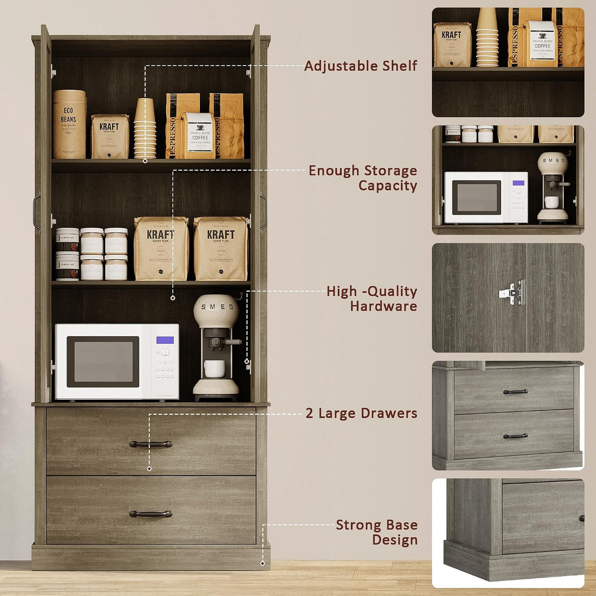 Farmhouse Kitchen Pantry Cabinet with Classic Barn Doors – Freestanding Storage Cabinet with Adjustable Shelves & 2 Large Drawers, Versatile Kitchen Cupboard for Dining Room, Grey