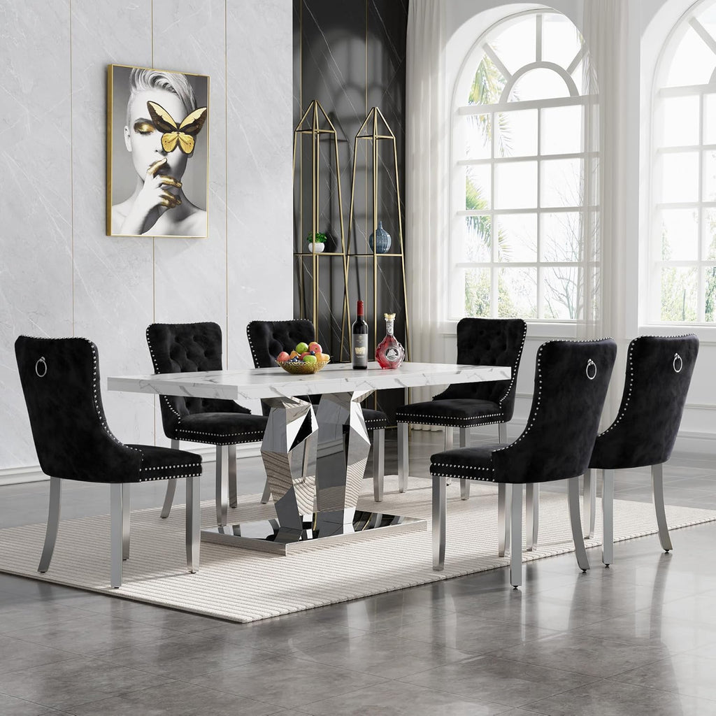 Henf Luxury Marble Dining Table for 6-8 Rectangular 70" Faux Marble Kitchen Table with Silver Mirrored Stainless Steel Base,White Faux Marble Large Long Pedestal Table (Table Only)