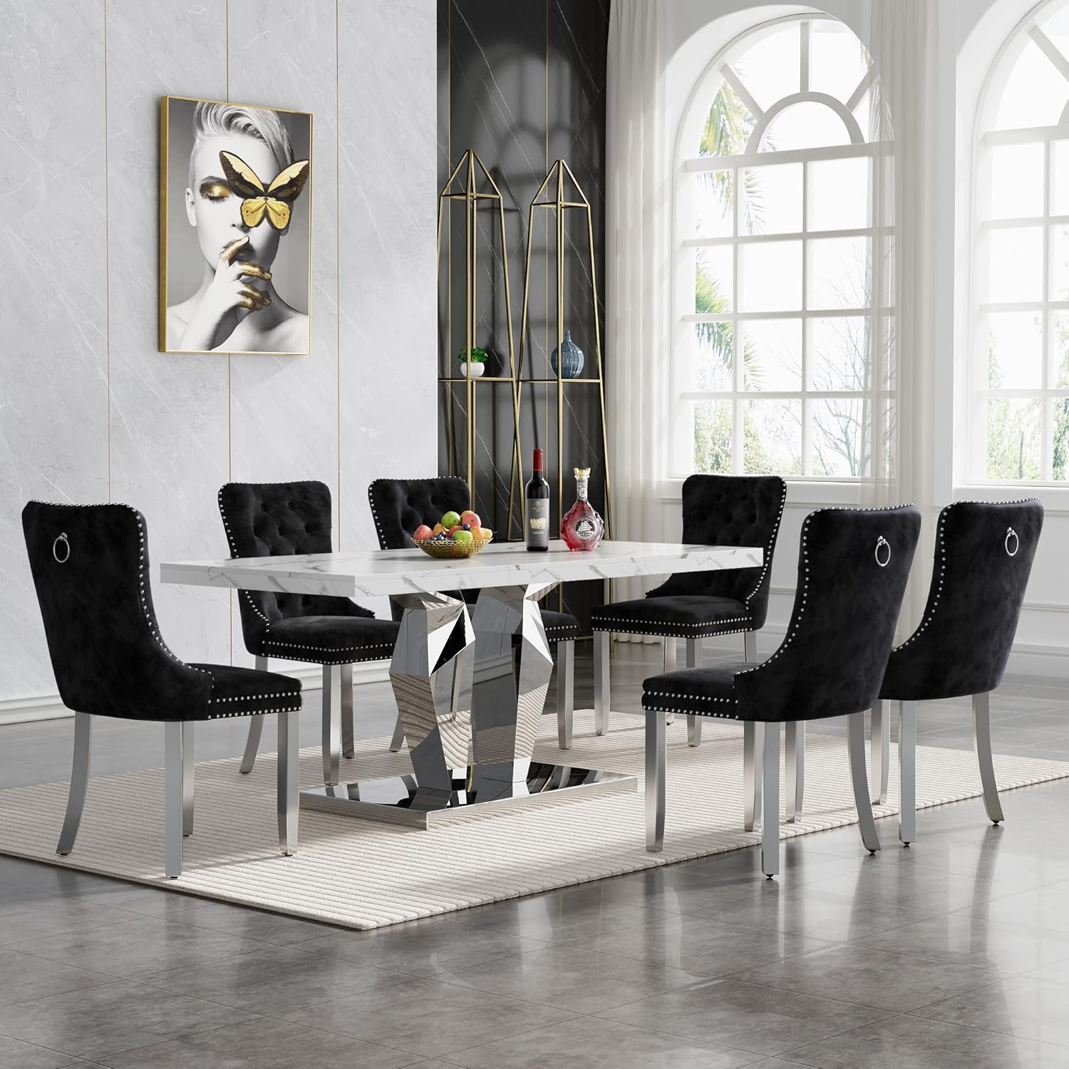Henf Luxury Marble Dining Table for 6-8 Rectangular 70" Faux Marble Kitchen Table with Silver Mirrored Stainless Steel Base,White Faux Marble Large Long Pedestal Table (Table Only)