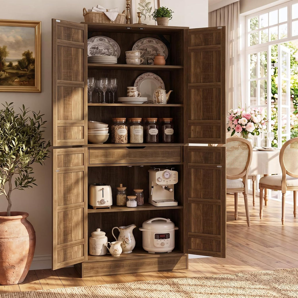 Unikito 71" Tall Kitchen Pantry Storage Cabinet with Built-in Drawer | 31.5" Wide Wood Farmhouse Storage Cabinet with Barn Doors and 3 Shelves, for Home Kitchen,Dining/Living/Laundry/Room
