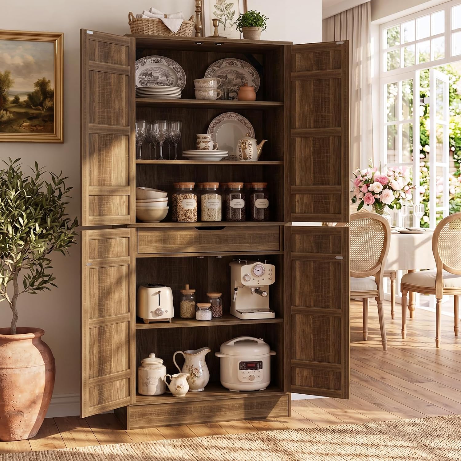 Unikito 71" Tall Kitchen Pantry Storage Cabinet with Built-in Drawer | 31.5" Wide Wood Farmhouse Storage Cabinet with Barn Doors and 3 Shelves, for Home Kitchen,Dining/Living/Laundry/Room