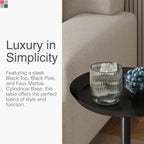 Round Metal Drink Table with Black Top and Faux Marble Base – Small Pedestal Side Table for Living Room, Bedroom, or Office – Modern Black Round Cocktail Table, Easy Assembly, Scratch-Resistant