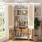 KEIKI 71" Tall Storage Cabinet with Arched Rattan Doors, Freestanding Floor Cabinet with Adjustable Shelves and Built-in Racks, Modern Farmhouse Organizer for Living Room, Kitchen, Study, White