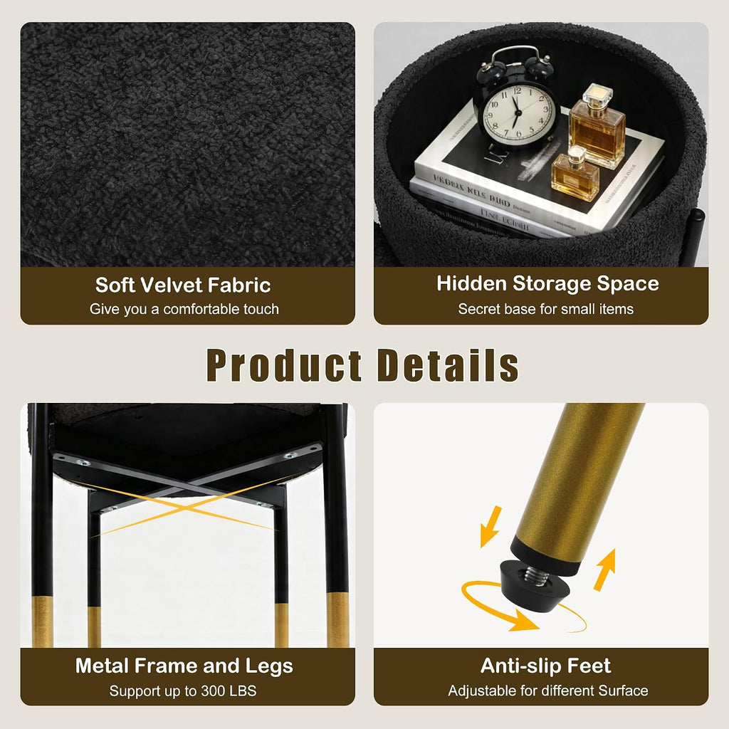 Round Ottoman with Storage,Soft Velvet Vanity Stool,Ottoman Coffee Table with Metal Legs,Foot Stool for Living Room Bedroom, Black