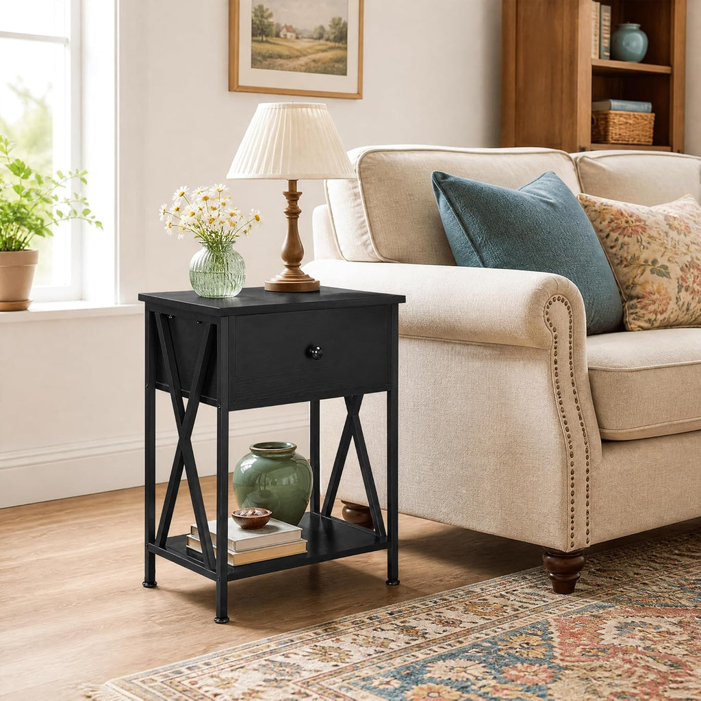 VECELO Nightstands Set of 2, Modern Bedside End Tables, Night Stands with Drawer and Storage Shelf for Living Room Bedroom, Industrial Metal Frame