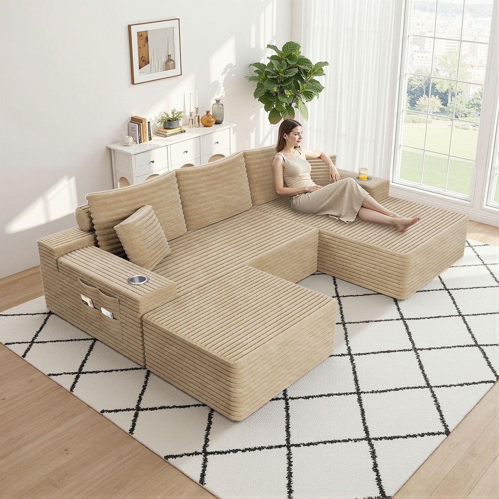 KCGKCG 106" Cloud Modular Sectional Couch with Ottoman, Modern U Shaped Corduroy Sofa, Higher 17.7" Seat Height, 32D Pure Foam, Built in Cup Holders, No Assembly Living Room(Camel, Left Facing Chaise)