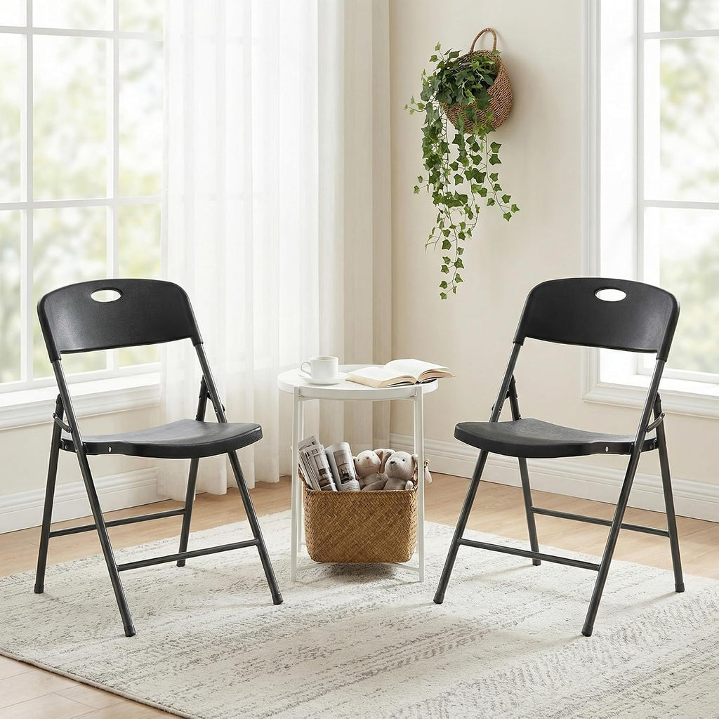 DUMOS Folding Chairs 2 Pack, Dining Chairs, Outdoor Home Office | Plastic Portable Stackable, Metal Frame, Indoor Party Event, Wedding Birthday, Black