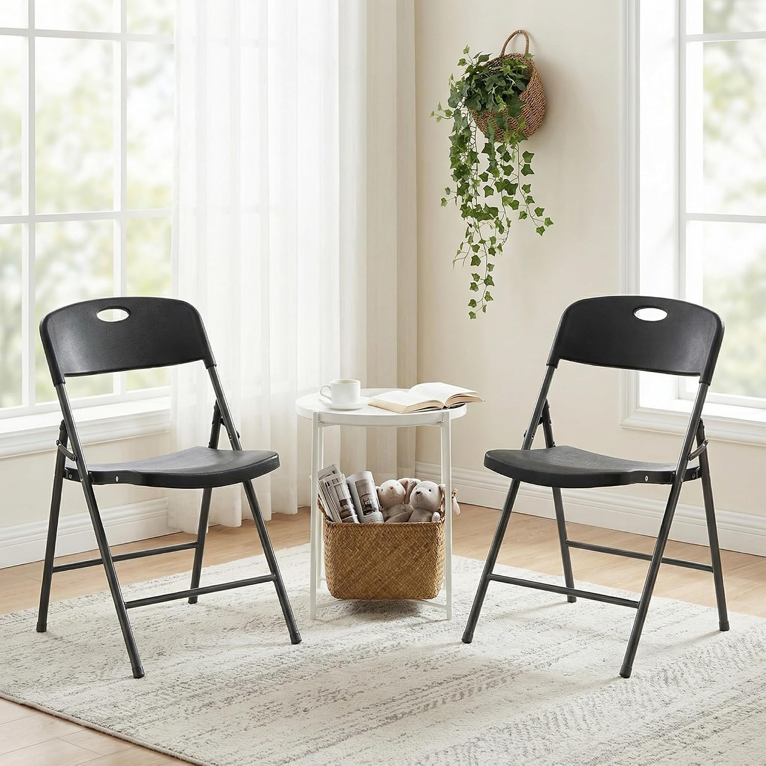 DUMOS Folding Chairs 2 Pack, Dining Chairs, Outdoor Home Office | Plastic Portable Stackable, Metal Frame, Indoor Party Event, Wedding Birthday, Black