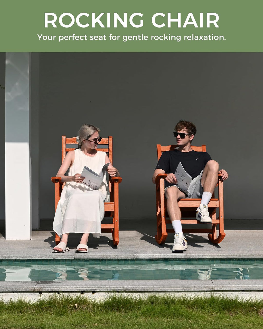 Oversized Outdoor Rocking Chair, High Back Porch Rocker Chair, HDPE All Weather Resistant Rocking Chairs for Patio, 380lbs Weight Capacity, Orange