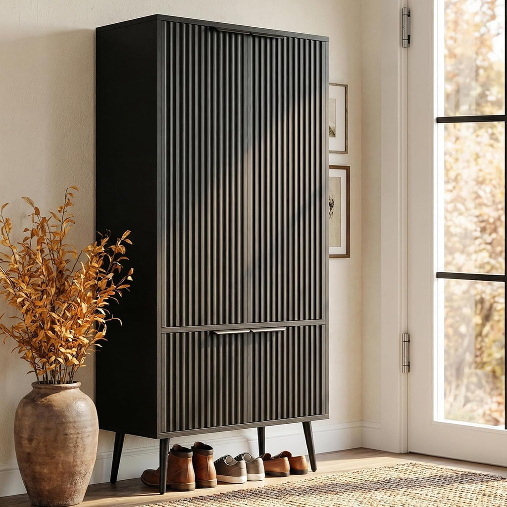 Ebony Fluted 51" Tall Wooden Kitchen Pantry Storage Cabinet Food Organize with Adjustable Shelves, Modern Accent Cabinet Sideboard Buffet for Dining Room, Entryway, Bathroom, Home Office