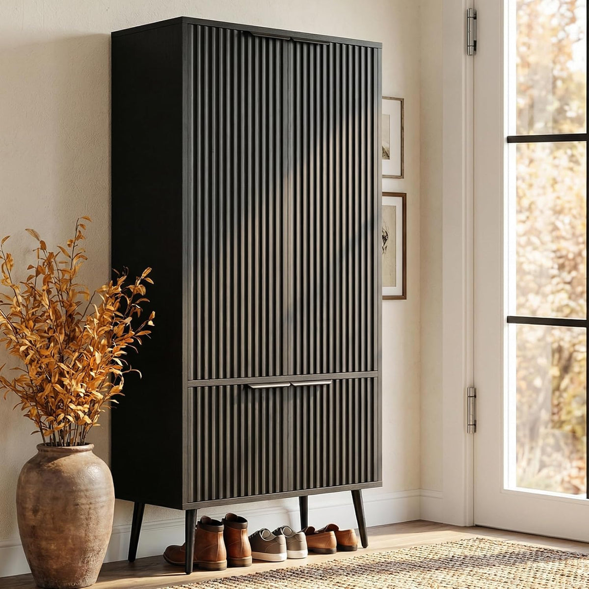 Ebony Fluted 51" Tall Wooden Kitchen Pantry Storage Cabinet Food Organize with Adjustable Shelves, Modern Accent Cabinet Sideboard Buffet for Dining Room, Entryway, Bathroom, Home Office