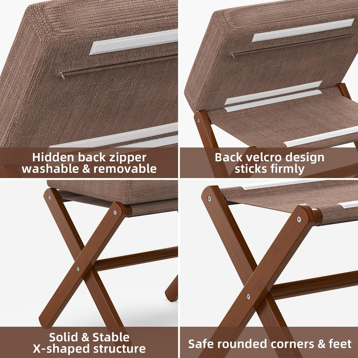 BAMBOOHOMIE Foldable Foot Stool Ottoman, Modern Foot Rest with Bamboo X Legs & Thick Foam Cushion, Folding Foot Stools Small Padded for Bedroom Living Room, Footstool for Chair Couch (Brown - Brown)