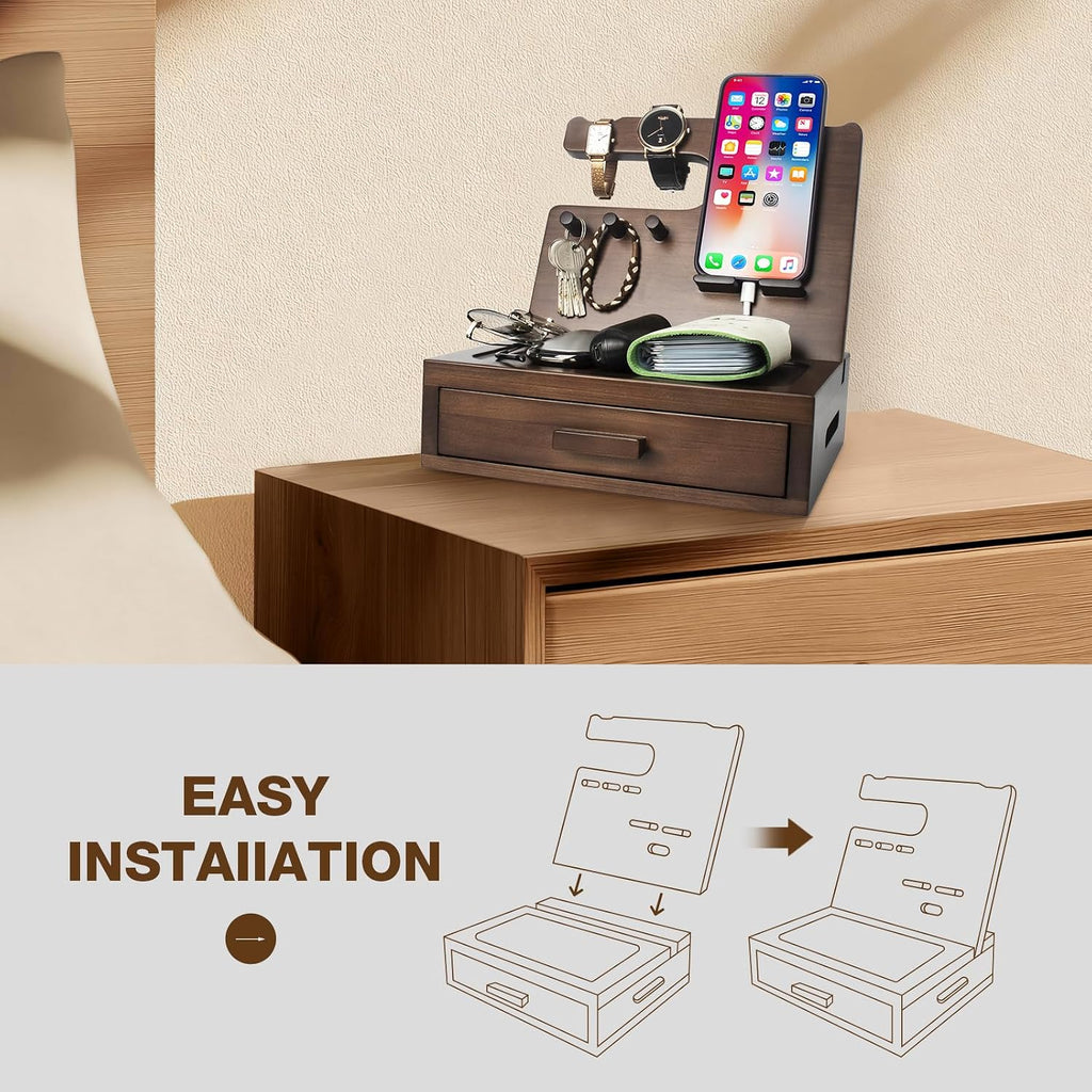 Solid Wood Nightstand Organizer, Docking Station, Gifts for Men, Made of Cedar, Versatile Bedside Table Organizer for Cellphone, Watch, Headphone, Keys, Dark Walnut