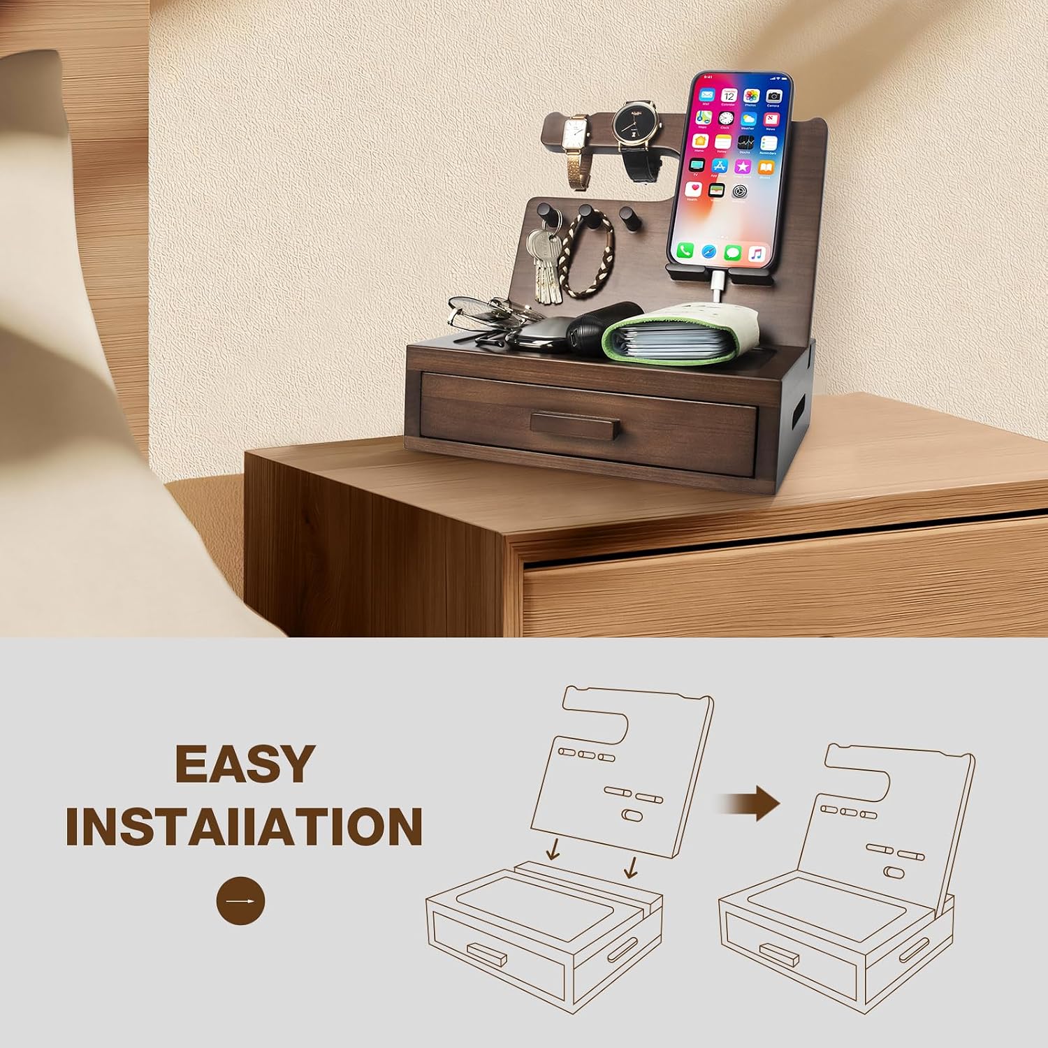 Solid Wood Nightstand Organizer, Docking Station, Gifts for Men, Made of Cedar, Versatile Bedside Table Organizer for Cellphone, Watch, Headphone, Keys, Dark Walnut