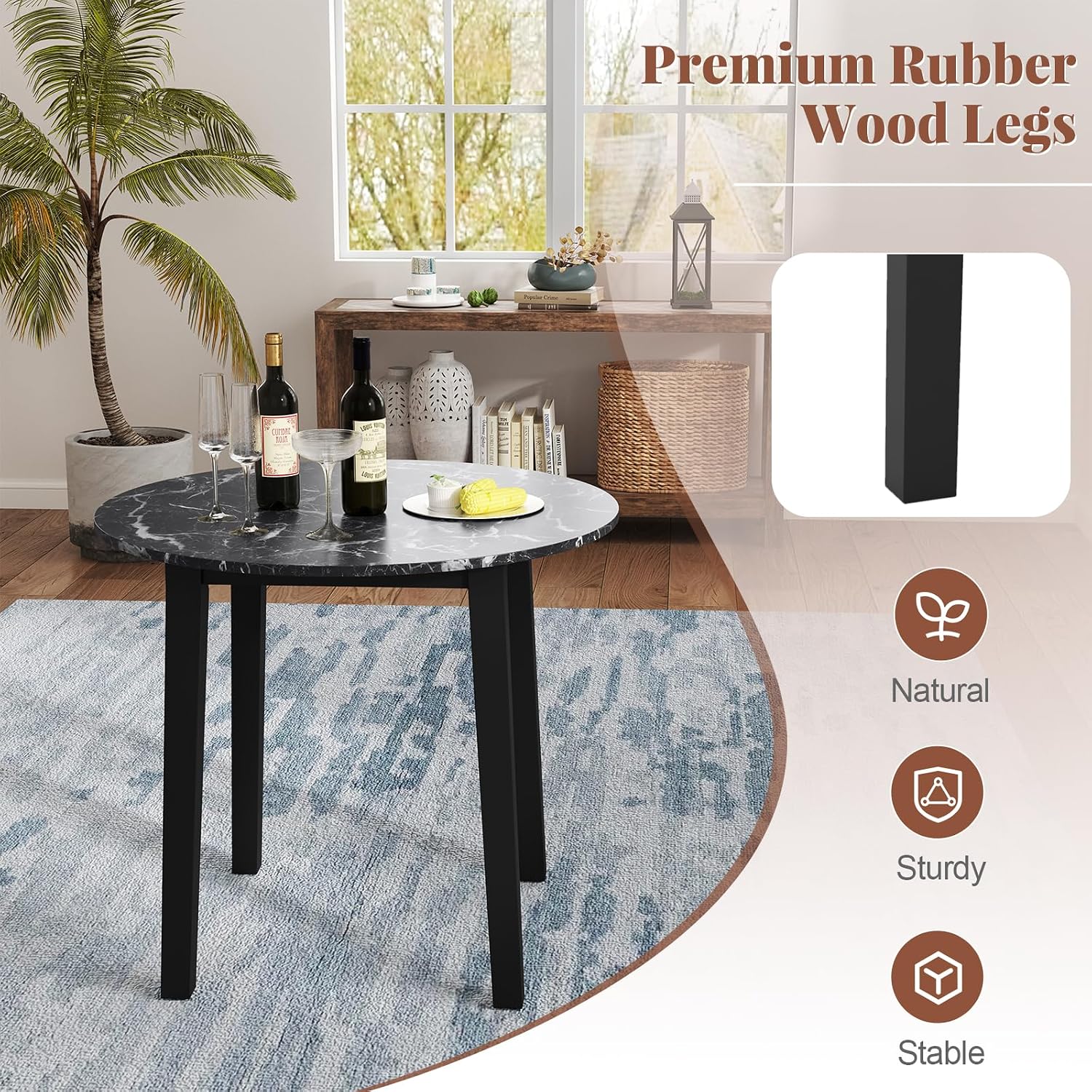 Giantex 35” Round Dining Table with Rubber Wood Legs, Marble-Textured Veneer Tabletop, Leisure Kitchen Table for 2 to 4 Person, Dinette, Living Room, Black