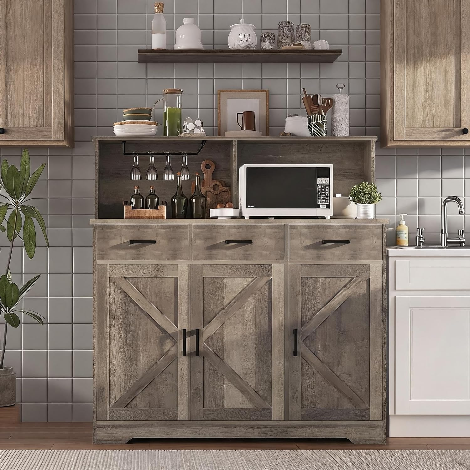 IDEALHOUSE Farmhouse Buffet Sideboard with Microwave Stand, Barn Door Storage Cabinet with Drawers and Shelves, Wood Coffee Bar for Kitchen, Dining Room, Living Room, Brown