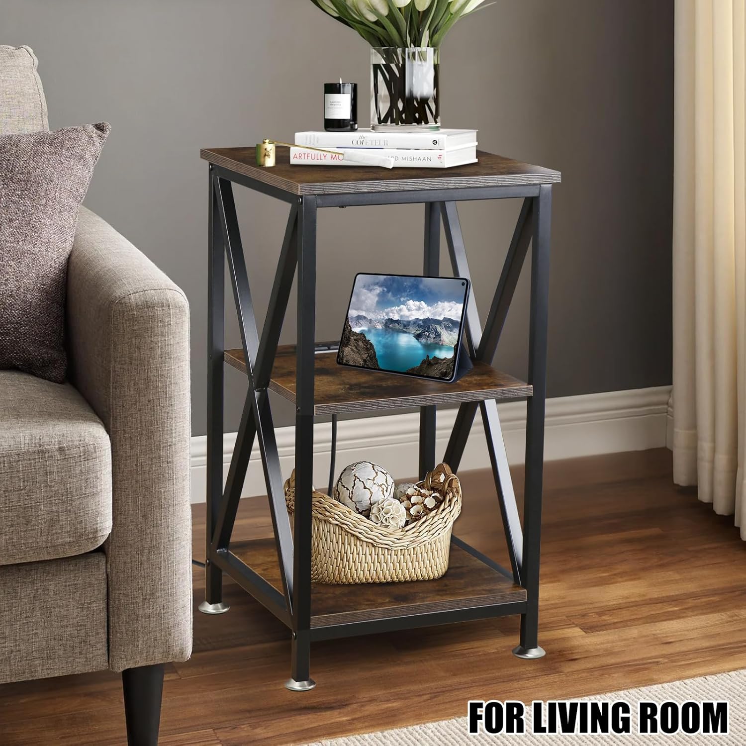 Square End Table with Charging Station, 3-Tier End Table Living Room, 16" D X 16" W X 28" H, Wood and Metal Table with USB Ports and Outlets, Side Table with Wheels for Living Room, Bedroom, Kitchen