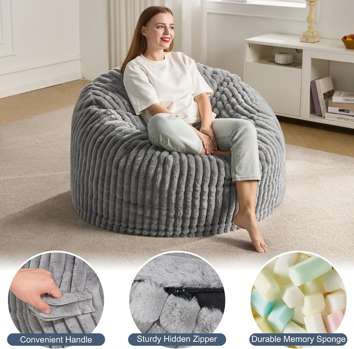 Hobestluk Adult Bean Bag Chair Giant Beanbag with Filling Living Room 3FT | Grey Large Big Oversized Bean Bag Chair Memory Foam Filling Machine Washable Fluffy Cover Bedroom Dorm Reading Gaming