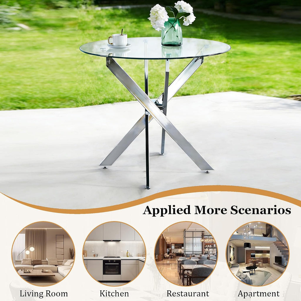 36" Glass Dining Table for 2-4, Round Kitchen Table with Tempered Glass Tabletop and Silver Stainless Steel Legs for Dining Room, Apartment, Small Space