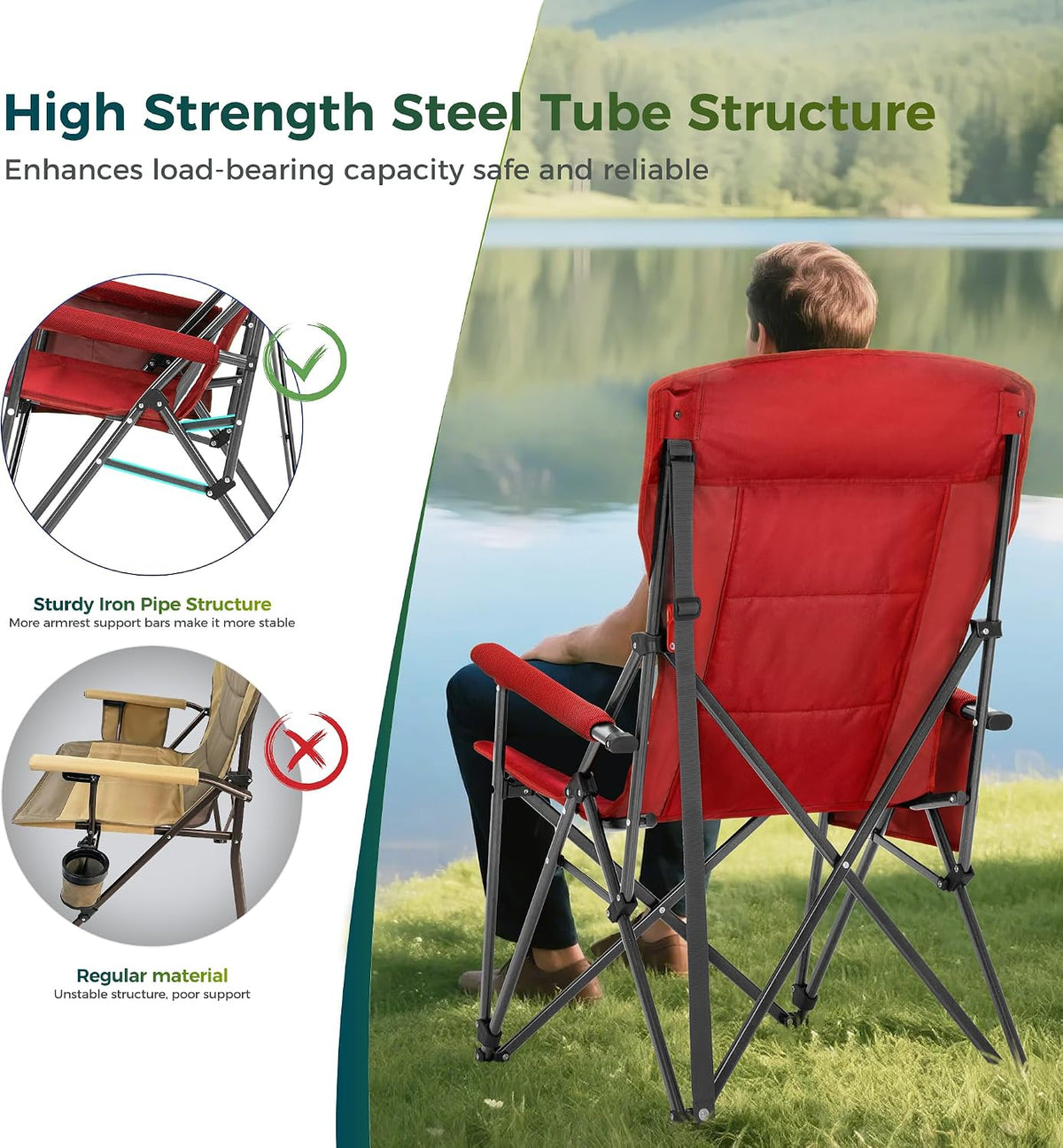 ALPHA CAMP Oversized Folding Camping Chairs for Adults High Backrest Heavy Duty Lawn Chairs Support 500 LBS Portable Camp Chairs with Cup Holders Large Side Pocket Outdoor Chair