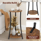 Simple Trending Round Side Table, 2 Tiers End Table for Living Room with Storage Shelf, Slim Sofa Table Set of 2, Rustic Brown