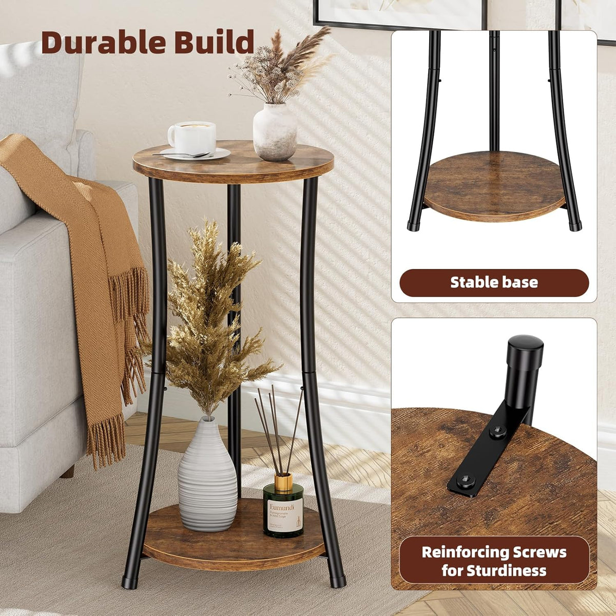 Simple Trending Round Side Table, 2 Tiers End Table for Living Room with Storage Shelf, Slim Sofa Table Set of 2, Rustic Brown
