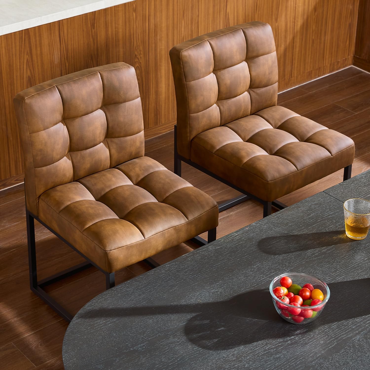 GrandNoor Coffee Faux Leather Dining Chairs Set of 4, Mid-Century Modern Dining Room Chairs with Armless, Checkered Kitchen Chair with Metal Legs