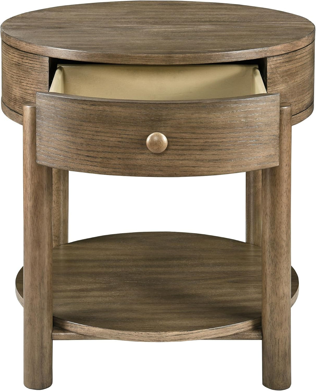 Solid Wood 24" Round End Table with Drawer, 2-Tier Small Sofa Side Table with Open Storage Oak Wood Accent Corner Table Modern Nightstand with Shelf for Living Room Bedroom Office, Brown, 24x25.16in
