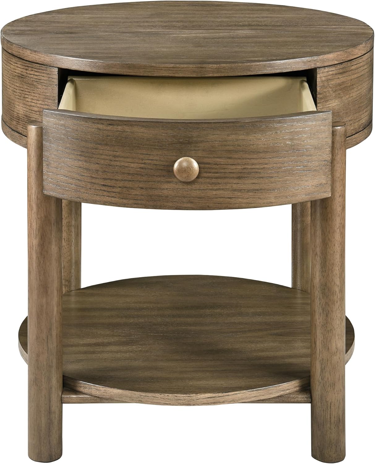 Solid Wood 24" Round End Table with Drawer, 2-Tier Small Sofa Side Table with Open Storage Oak Wood Accent Corner Table Modern Nightstand with Shelf for Living Room Bedroom Office, Brown, 24x25.16in