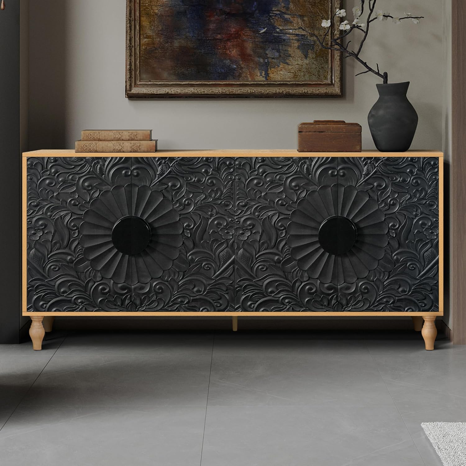 63" Sideboard Buffet Credenzas for Living Room, Black+Natural Entryway Table with Storage Accent Cabinet, Carved Flowers Doors & Wire Holes