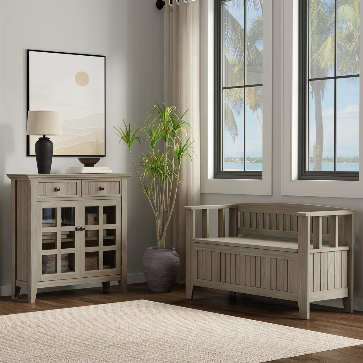 SIMPLIHOME Acadian Solid Wood 48 inch Wide Storage Bench that Seats 2 and 36 inch Wide Storage Cabinet in Distressed Grey for the Living Room, Entryway, and Family Room, Transitional Style
