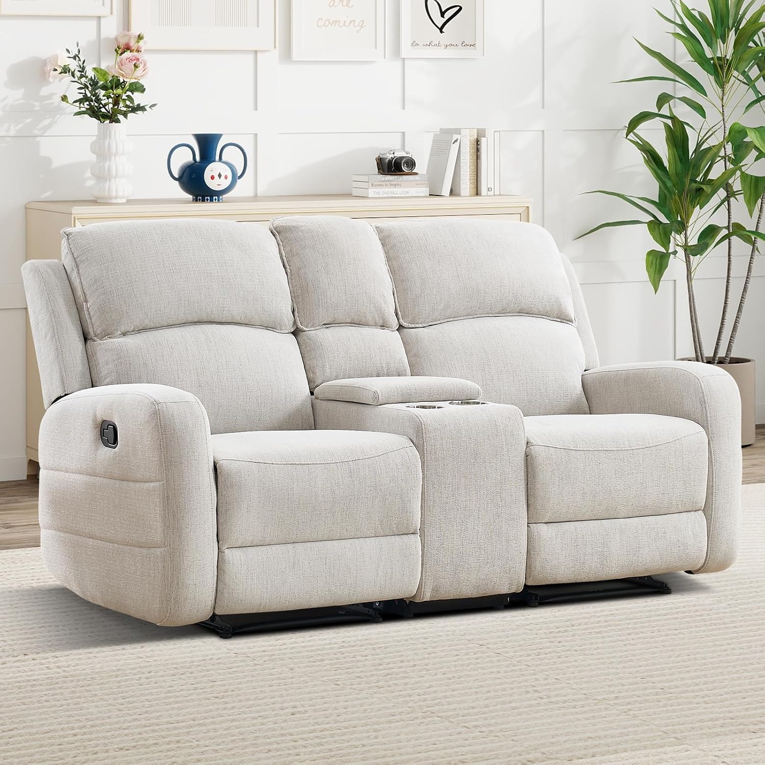 EBELLO Manual Living Room Furniture Reclining Couch Set, Soft Fabric Loveseat Recliner Sofa for Meeting Room, Overstuffed Backrest and Armrest (Loveseat)