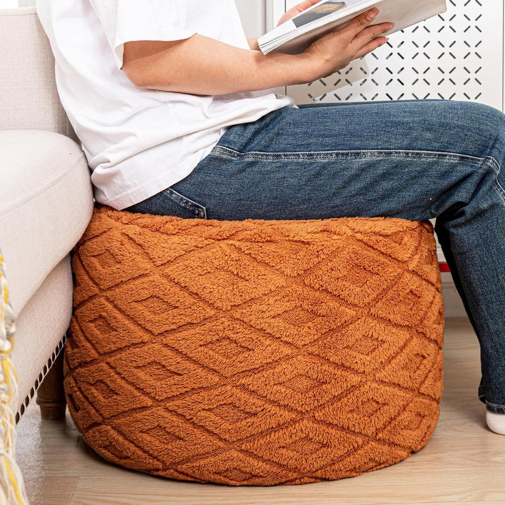 Fluffy Round Ottoman Pouf,Foot Stool Ottoman,Foot Rest,Burnt Orange,20x14In | All-in-One Foam Pouf,Ottoman Coffee Table,Couch Footrest,Footrest for Chair,Remov. Cover,Perfect for Living Room,Bedroom Dorm