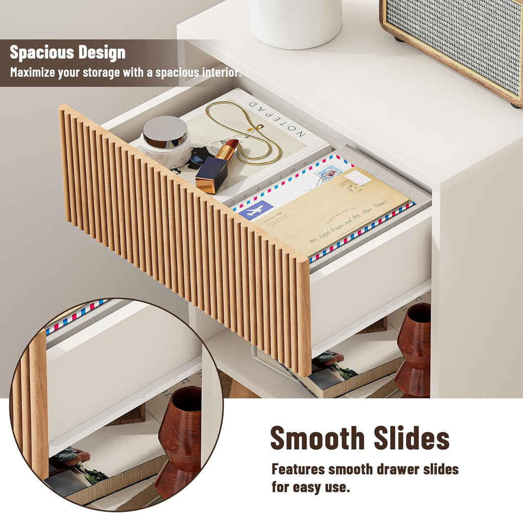 Fluted Nightstand, Modern Bedside Table with Storage Drawers and Open Wood Shelf, Night Stand with Solid Wood Legs, End Tables Side Tables for Living Room, Bedroom