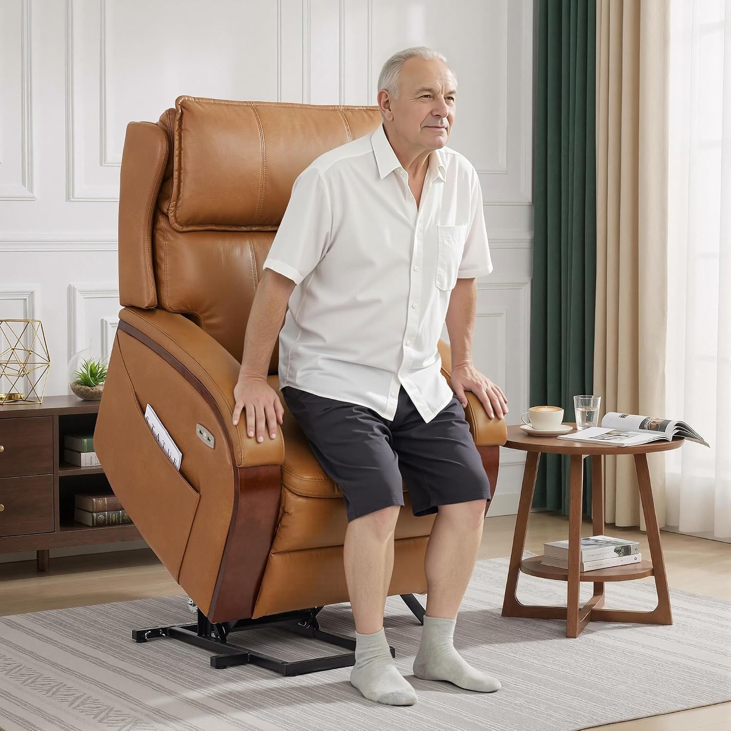 MCombo Power Lift Recliner Chair for Elderly with Power Headrest 7917 | Heat and Massage, Solid Wood Armrest, FSC Certified, USB&Type C Charging Port, Side Pockets, Faux Leather
